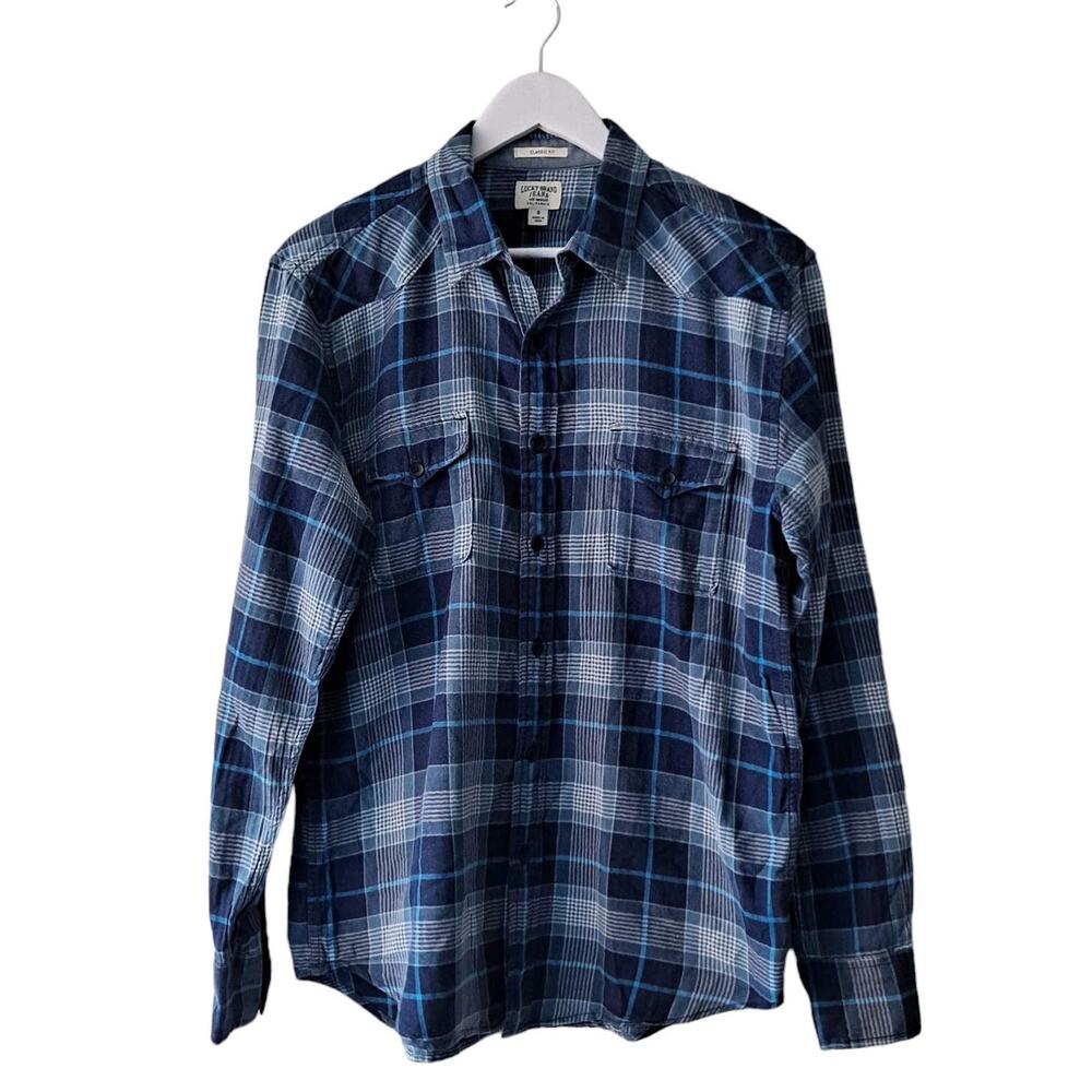 Lucky Brand Jeans Mens Blue & White Classic Fit Plaid Long Sleeve Shirt - Size S